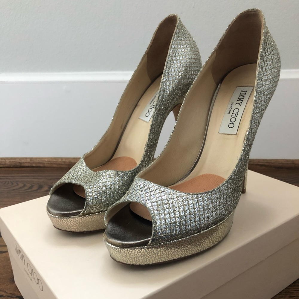 Jimmy Choo Crown peep-toes, glitter champagne, 40